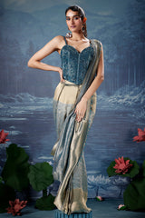 Golden and Blue Tissue Printed Pre Draped Saree with Beaded and Sequin Worked Corset