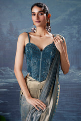 Golden and Blue Tissue Printed Pre Draped Saree with Beaded and Sequin Worked Corset