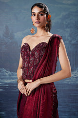 Maroon Crush Glass Tissue Readymade Saree with Beaded and Cutdana Work Corset
