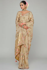 Cream Silk Woven Saree with Embroidery