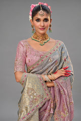 Grey and Pink Silk Woven Saree with Embroidery