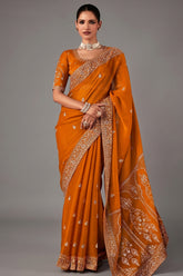 Mustard Yellow Georgette Chiffon Saree with Embroidery