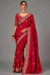 Red Georgette Satin Crepe Saree with Sequin Embroidery Work