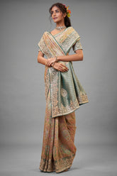 Cream and Green Silk Woven Saree with Embroidery