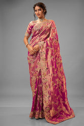 Dark Pink Viscose Silk Embroidered Saree