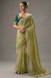 Pista Green Viscose Chiffon Saree With Floral Embroidery And Zari Border