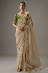 Beige Viscose Chiffon Saree With Elegant Embroidery