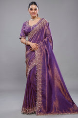 Purple Tissue Dola Silk Solid Saree