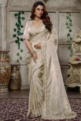 Ivory White Tissue Dola Silk Solid Saree with Readymade Blouse and Applique Work Border - white silk saree