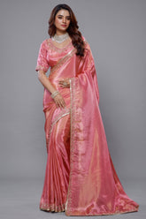 Rose Pink Tissue Dola Silk Solid Saree
