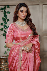 Rose Pink Tissue Dola Silk Solid Saree with Readymade Blouse and Beaded Work Border - pink silk saree