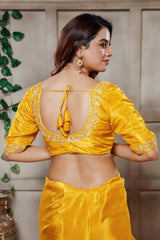 Yellow Tissue Dola Silk Solid Saree with Readymade Blouse and Beaded Work Border - yellow silk saree