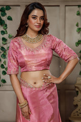 Rose Pink Tissue Dola Silk Solid Saree with Readymade Blouse and Beaded Cutdana Work Border - pink silk saree