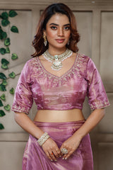 Mauve Purple Tissue Dola Silk Solid Saree with Readymade Blouse and Beaded Cutdana Work Border - purple silk saree