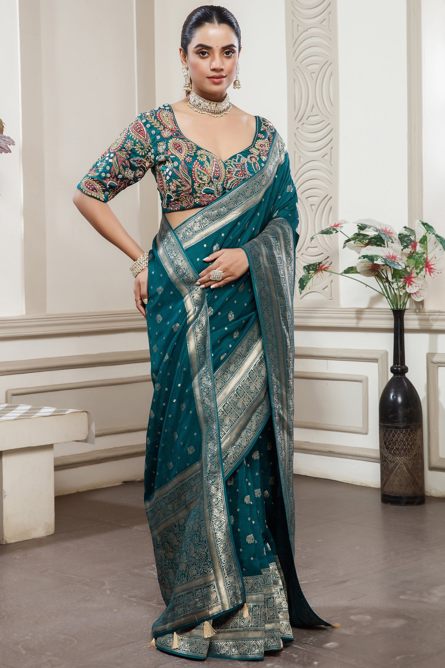 Teal Blue Gaji Silk Woven Saree with Handworked Readymade Blouse - blue silk saree