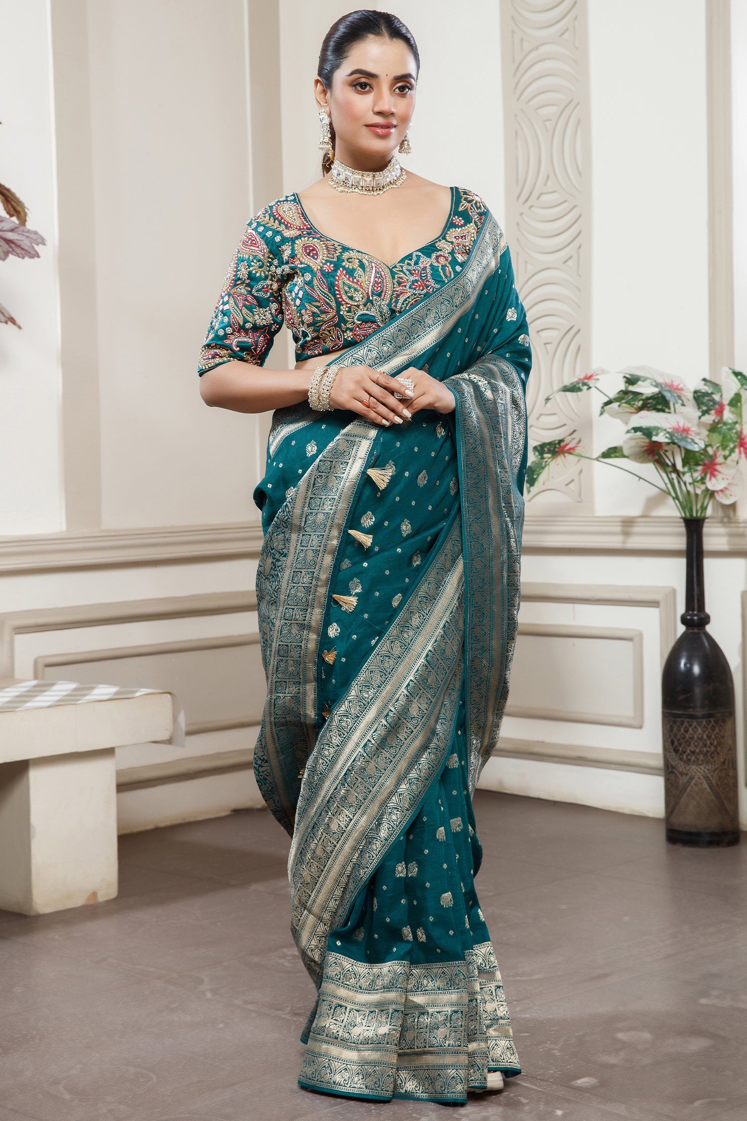 Teal Blue Gaji Silk Woven Saree with Handworked Readymade Blouse - blue silk saree
