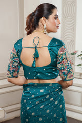 Teal Blue Gaji Silk Woven Saree with Handworked Readymade Blouse - blue silk saree
