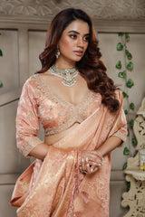 Light Peach Tissue Dola Silk Woven Saree with Handworked Readymade Blouse - peach silk saree