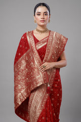 Close-up of the stunning handworked pallu and border on the Red Dola Silk All Over Woven Saree