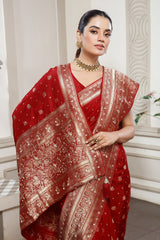 Designer Red Dola Silk All Over Woven Saree for festive celebrations