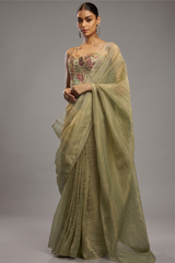 Olive Green Crushed Saree with Hand-Embellished Strap Blouse