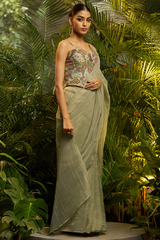 Olive Green Crushed Saree with Hand-Embellished Strap Blouse