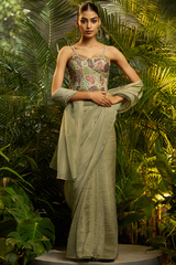 Olive Green Crushed Saree with Hand-Embellished Strap Blouse