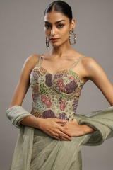 Olive Green Crushed Saree with Hand-Embellished Strap Blouse