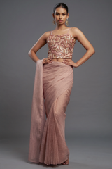 Peach Crushed Metallic Saree with Sequin-Embellished Corset Blouse