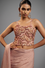 Peach Crushed Metallic Saree with Sequin-Embellished Corset Blouse