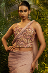 Peach Crushed Metallic Saree with Sequin-Embellished Corset Blouse