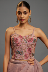 Mauve Purple Micro-Pleated Shimmer Saree with Floral Embroidered Designer Blouse