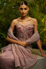 Mauve Purple Micro-Pleated Shimmer Saree with Floral Embroidered Designer Blouse