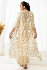 Ivory Two-Tone Satin Silk Ready-to-Wear Saree with 3D Applique Jacket & Belt