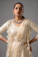 Ivory Two-Tone Satin Silk Ready-to-Wear Saree with 3D Applique Jacket & Belt