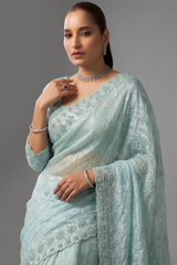 Ice Blue Satin Organza Saree with Elegant Embroidered Border