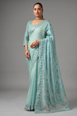 Ice Blue Satin Organza Saree with Elegant Embroidered Border