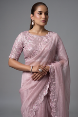 Blush Pink Satin Organza Saree with 3D Floral Applique and Heavy Embroidery