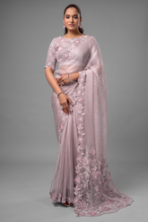 Blush Pink Satin Organza Saree with 3D Floral Applique and Heavy Embroidery
