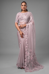 Blush Pink Satin Organza Saree with 3D Floral Applique and Heavy Embroidery