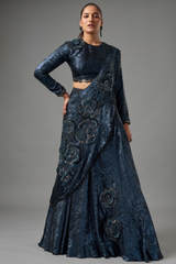 Dark Blue Metallic Lustrous Satin Silk Ready-to-Wear Lehenga Saree with Floral Motifs