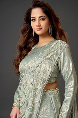 Pista Green Metallic Lustrous Satin Silk Ready-to-Wear Lehenga Saree with Leaf Motifs