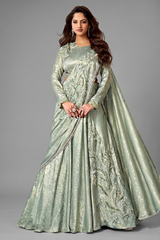 Pista Green Metallic Lustrous Satin Silk Ready-to-Wear Lehenga Saree with Leaf Motifs
