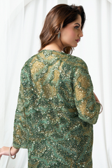 Bottle Green Metallic Lustrous Satin Silk Ready-to-Wear Saree with Jacket