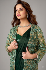 Bottle Green Metallic Lustrous Satin Silk Ready-to-Wear Saree with Jacket