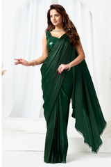 Bottle Green Metallic Lustrous Satin Silk Ready-to-Wear Saree with Jacket