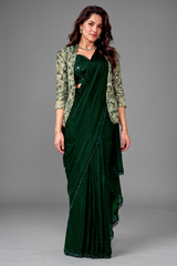 Bottle Green Metallic Lustrous Satin Silk Ready-to-Wear Saree with Jacket