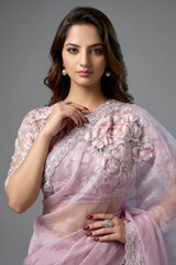 Blush Pink Crushed Shimmer Organza Saree with Highlighted Floral Print and Beads Work