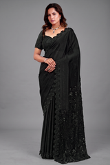 Jet Black Versace Sequin Saree with Pure Beads Handwork and Satin Blouse