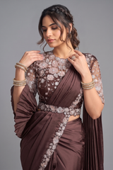 Coffee Brown Lustrous Satin Silk Ready-to-Wear Saree with Floral Sequin Blouse & Belt